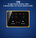 12M Plate with 6 Light Switch (10A), 2 Socket (6A) & 2 Only Touch Switch (10A)