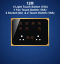 12M Plate with 4 Light Switch (10A), 1 Fan Switch with Regulator, 2 Socket & 2 Only Touch Switch